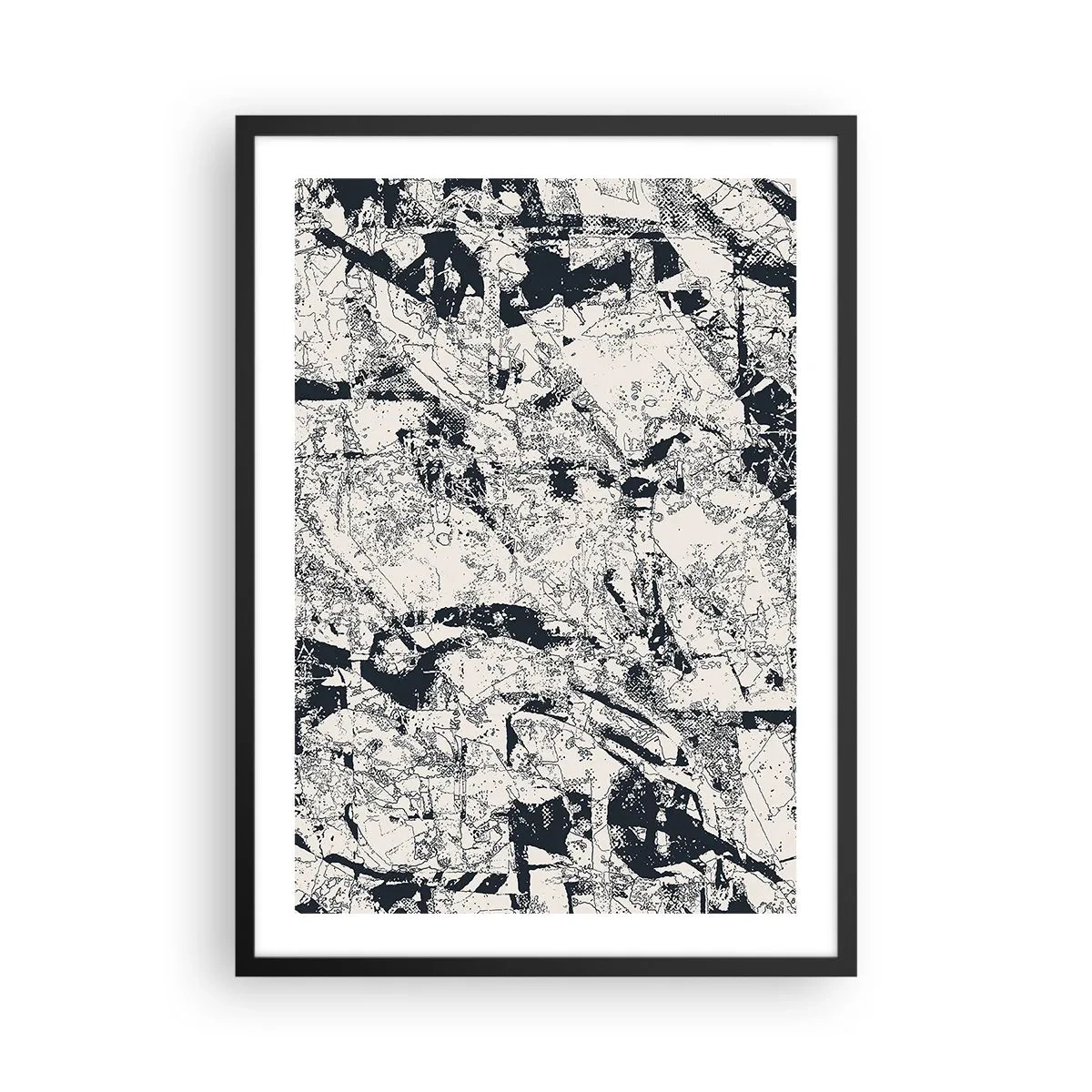 Pôster com moldura preta - Composição texturizada abstrata em preto e branco - 50x70cm - Interpenetração de opostos - Decoração de parede moderna para a sala de estar e quarto ARTTOR