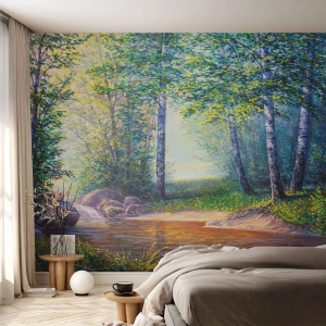 Papel de Parede Standard Eco - Uma paisagem florestal pitoresca com um rio e bétulas - 100x70cm - Cenário idílico - Decoração de parede moderna para a sala de estar e quarto ARTTOR