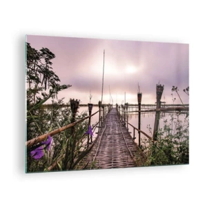 Quadro em vidro - Uma ponte de bambu que atravessa o lago, cercada por plantas e flores - 70x50cm - Paz e tranquilidade da Ásia - Decoração de parede moderna para a sala de estar e quarto ARTTOR