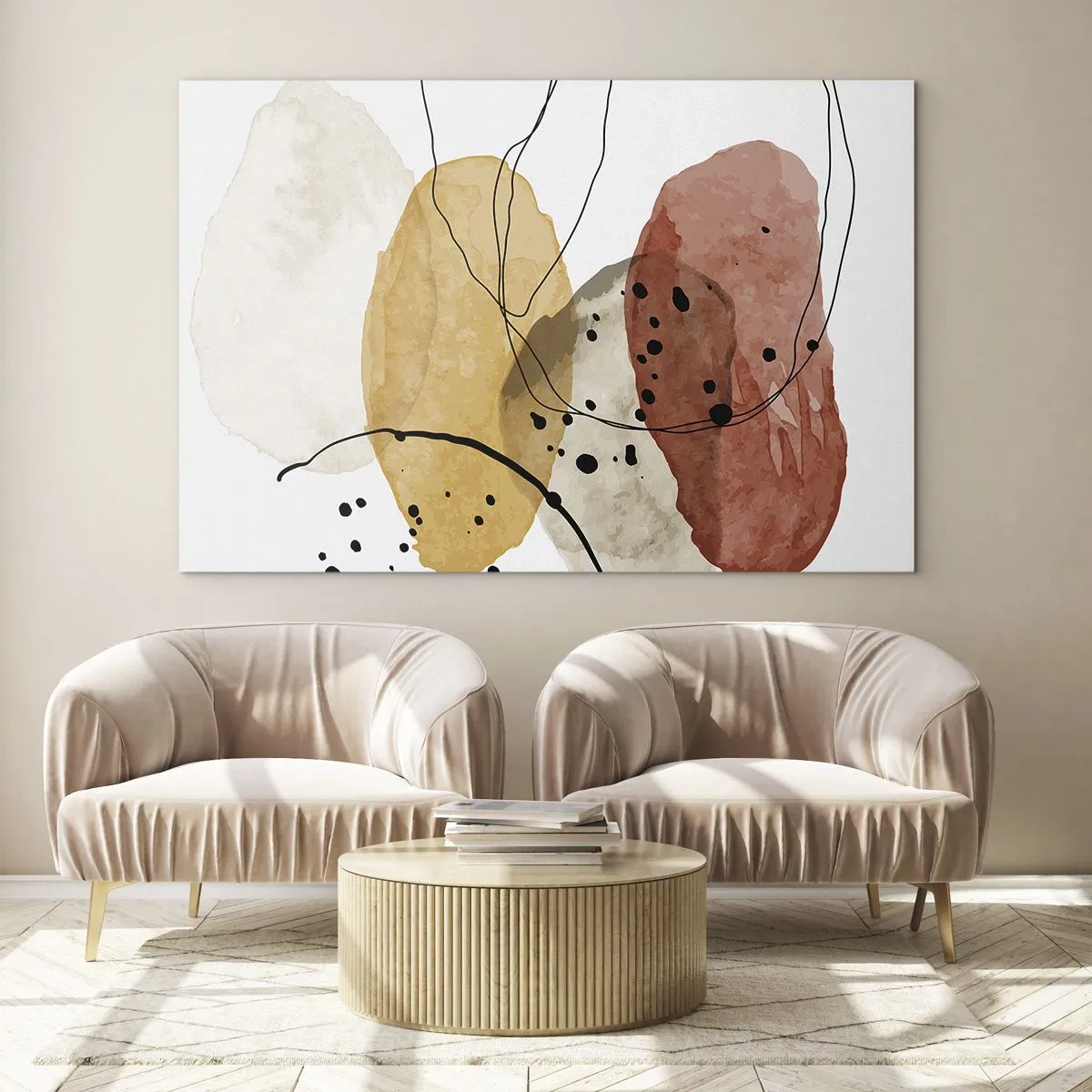 Quadro em vidro - Manchas abstratas de cor terrosa com linhas finas - 70x50cm - Como o ar leve e transparente - Decoração de parede moderna para a sala de estar e quarto ARTTOR