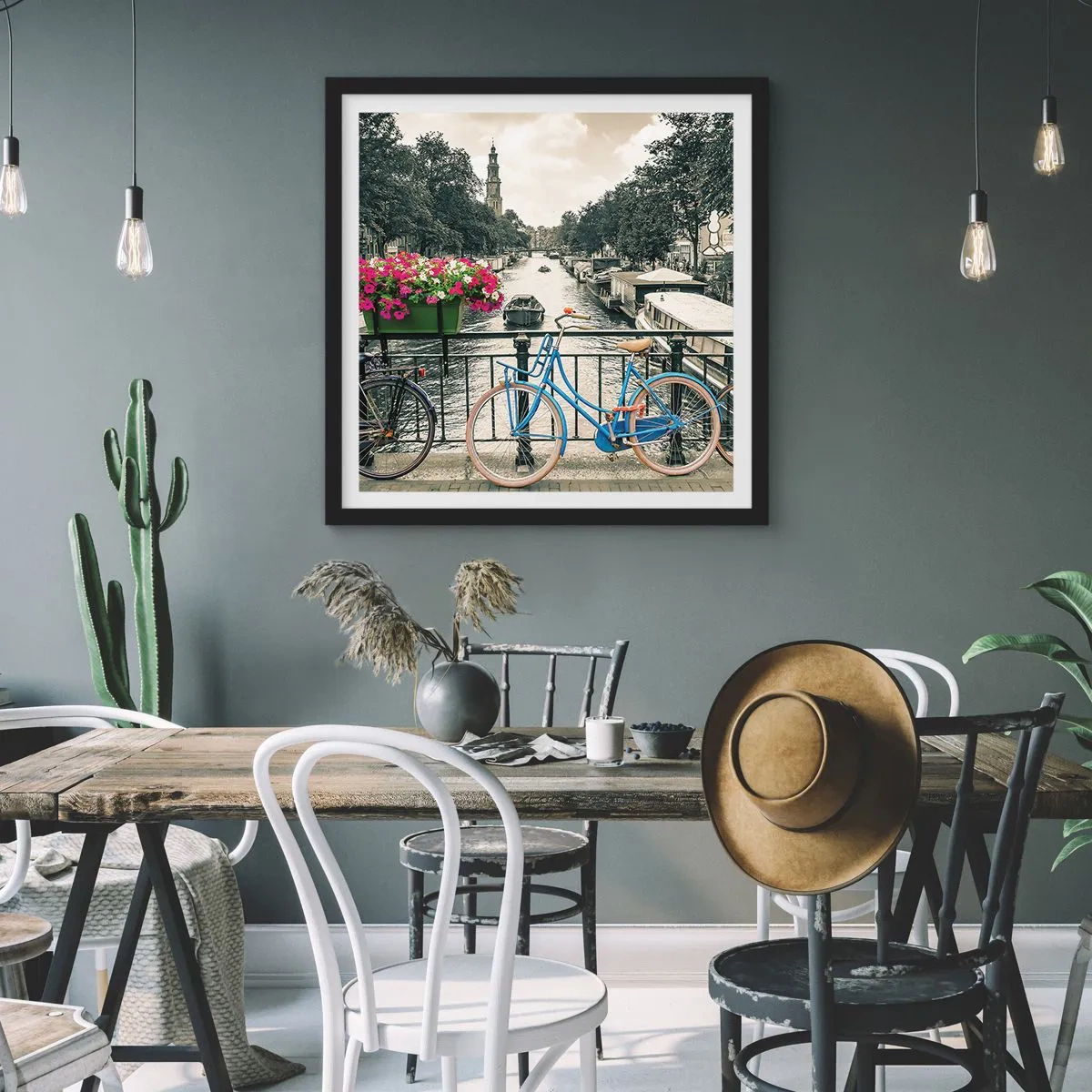 Pôster com moldura preta - Cores da rua de Amsterdã - 50x50 cm