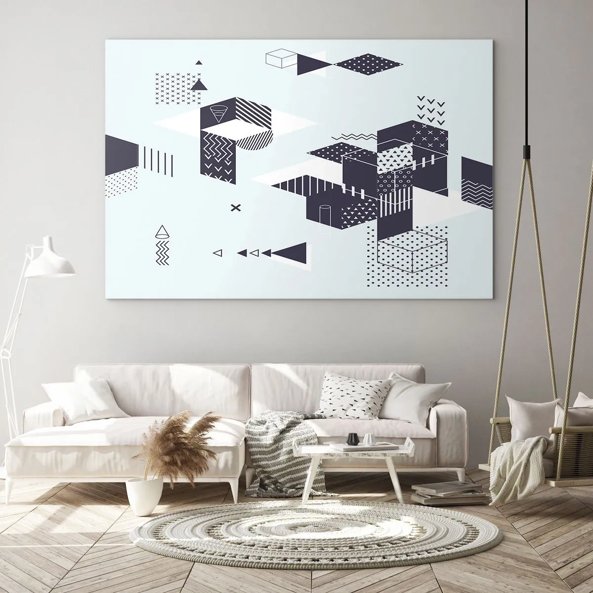 Quadro em vidro - Composição geométrica abstrata em preto e branco sobre fundo claro - 70x50cm - Na alma de um matemático - Decoração de parede moderna para a sala de estar e quarto ARTTOR
