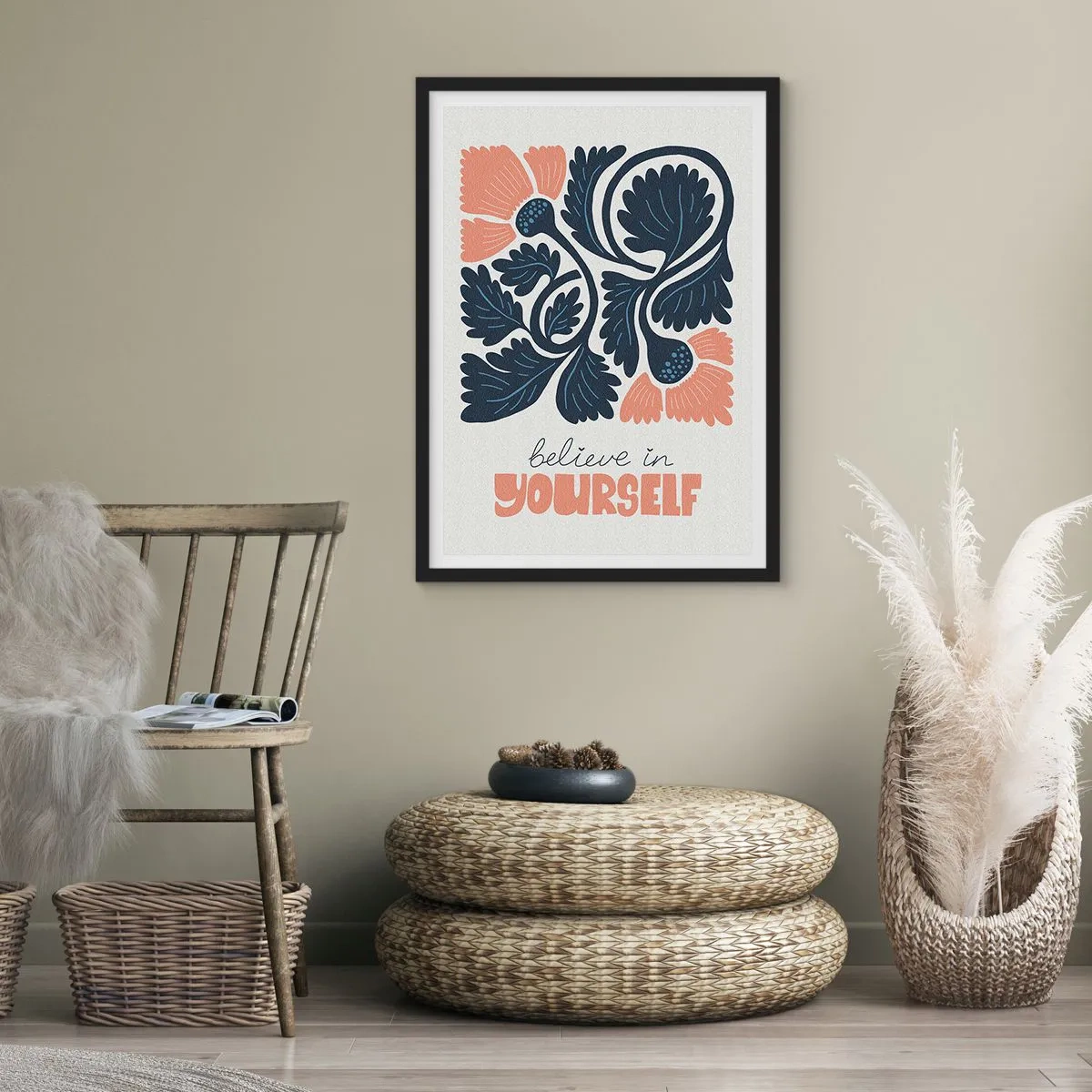 Pôster com moldura preta - Flores estilizadas em azul marinho e rosa com uma inscrição inspiradora - 50x70cm - E floresces - Decoração de parede moderna para a sala de estar e quarto ARTTOR