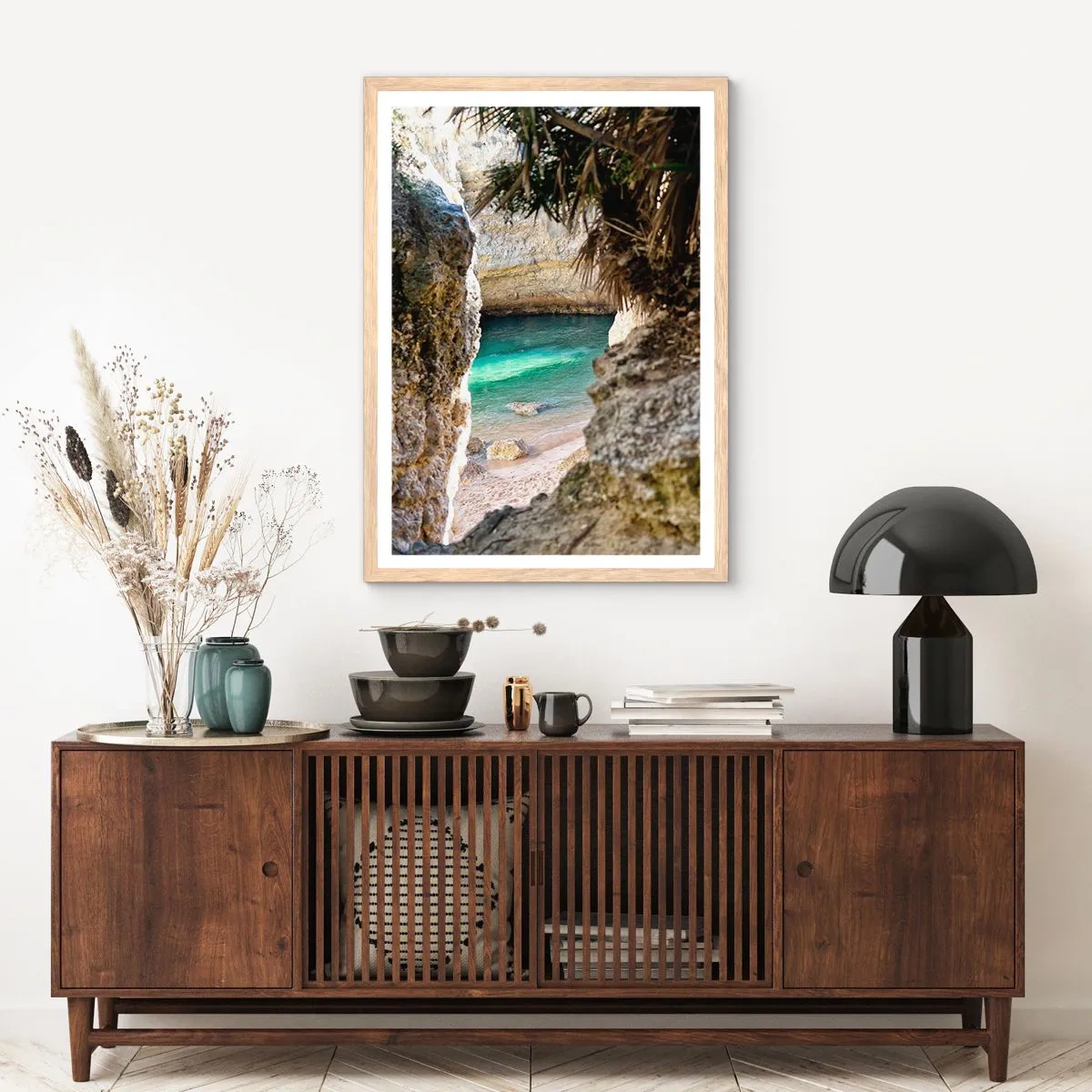 Pôster com moldura de carvalho claro - Baía turquesa - 70x100 cm