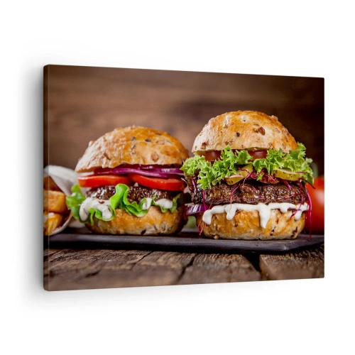 Quadro em tela - Hambúrgueres apetitosos com vegetais e molho - 70x50cm - Sonho americano - Decoração de parede moderna para a sala de estar e quarto ARTTOR