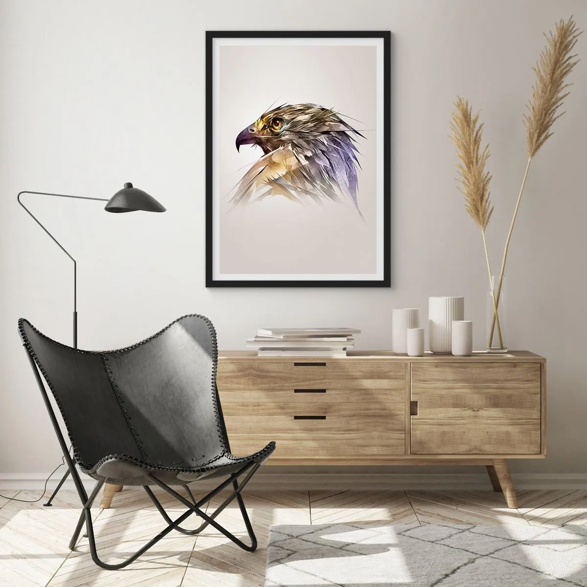 Pôster com moldura preta - Um retrato artístico de uma águia em tons de bege e roxo. - 50x70cm - Retrato de um guerreiro - Decoração de parede moderna para a sala de estar e quarto ARTTOR