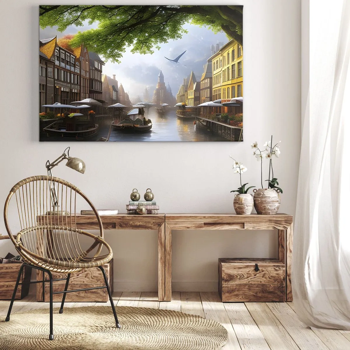 Quadro em tela - Uma paisagem holandesa pitoresca com um canal e casas de temporada - 70x50cm - Paisagem urbana holandesa - Decoração de parede moderna para a sala de estar e quarto ARTTOR