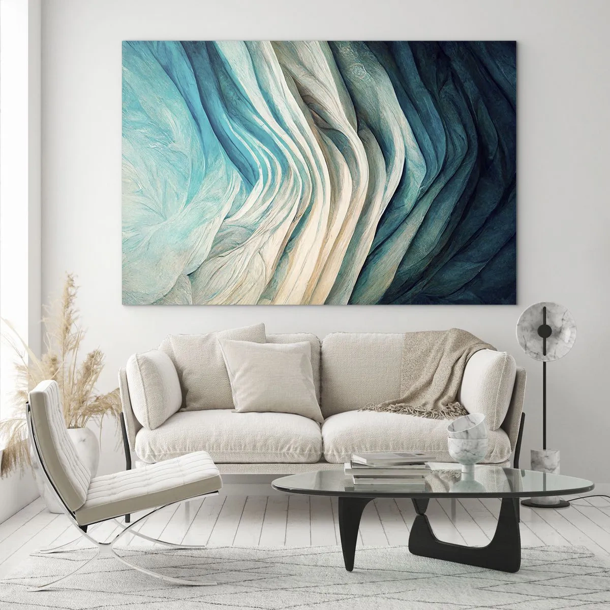 Quadro em vidro - Ondas abstratas em tons de azul e bege - 70x50cm - Insaciabilidade azul - Decoração de parede moderna para a sala de estar e quarto ARTTOR