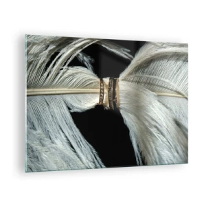 Quadro em vidro - Close-up de alianças de casamento em penas brancas contra um fundo preto - 70x50cm - ...todos os dias da nossa vida... - Decoração de parede moderna para a sala de estar e quarto ARTTOR