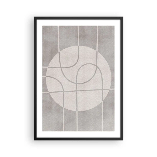 Pôster com moldura preta - Linhas geométricas e um círculo em tons de cinza - 50x70cm - Circular e direto - Decoração de parede moderna para a sala de estar e quarto ARTTOR