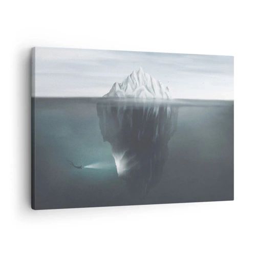 Quadro em tela - Um iceberg na água com um mergulhador e um holofote abaixo da superfície. - 70x50cm - Mistério subaquático - Decoração de parede moderna para a sala de estar e quarto ARTTOR