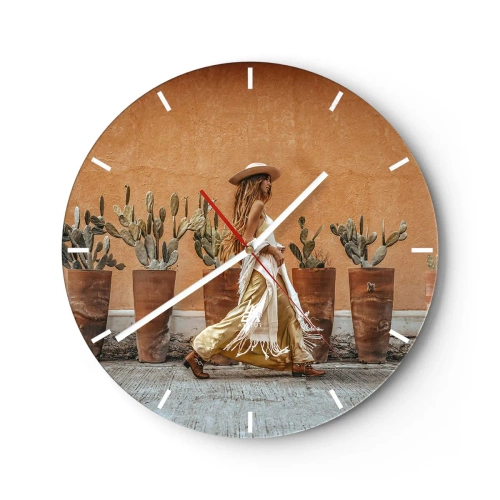 Relógio de parede - Relógio em vidro - Mulher hippie estilizada contra um fundo de vasos de cactos - 30x30cm - Estilo hippie - Decoração de parede moderna para a sala de estar, cozinha e quarto ARTTOR