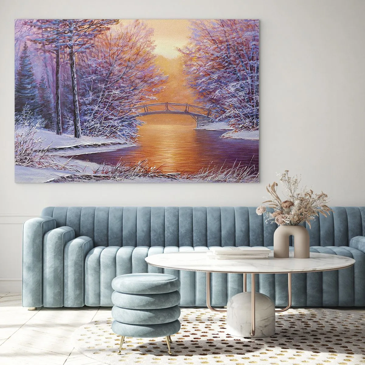 Quadro em vidro - Paisagem de inverno com uma ponte e árvores cobertas de neve ao pôr do sol - 70x50cm - Vamos nos encontrar aqui - Decoração de parede moderna para a sala de estar e quarto ARTTOR