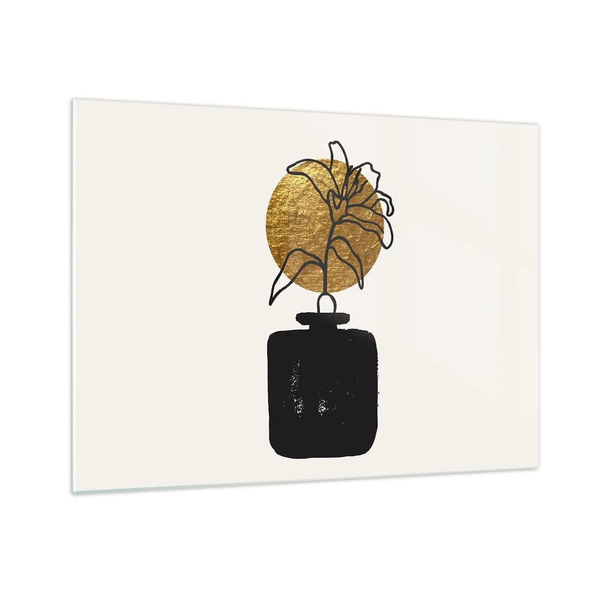 Quadro em vidro - Gráfico minimalista com uma flor em um círculo dourado e um vaso preto - 70x50cm - A beleza vale seu peso em ouro - Decoração de parede moderna para a sala de estar e quarto ARTTOR