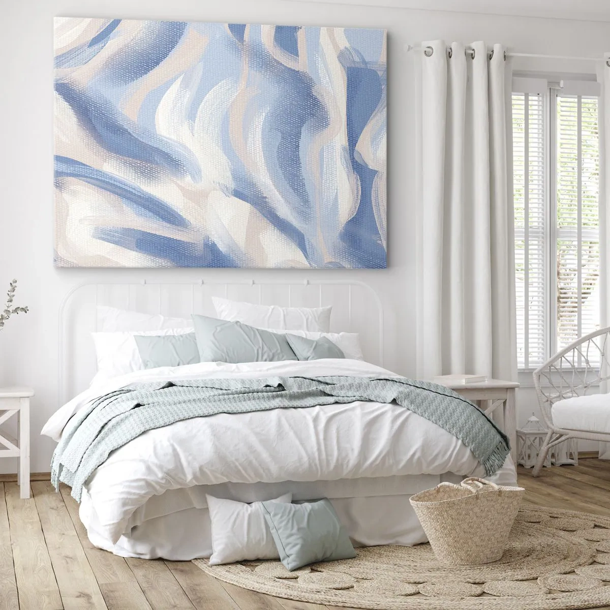 Quadro em tela - Pinceladas abstratas em tons de azul e bege - 70x50cm - Ondas azuis - Decoração de parede moderna para a sala de estar e quarto ARTTOR