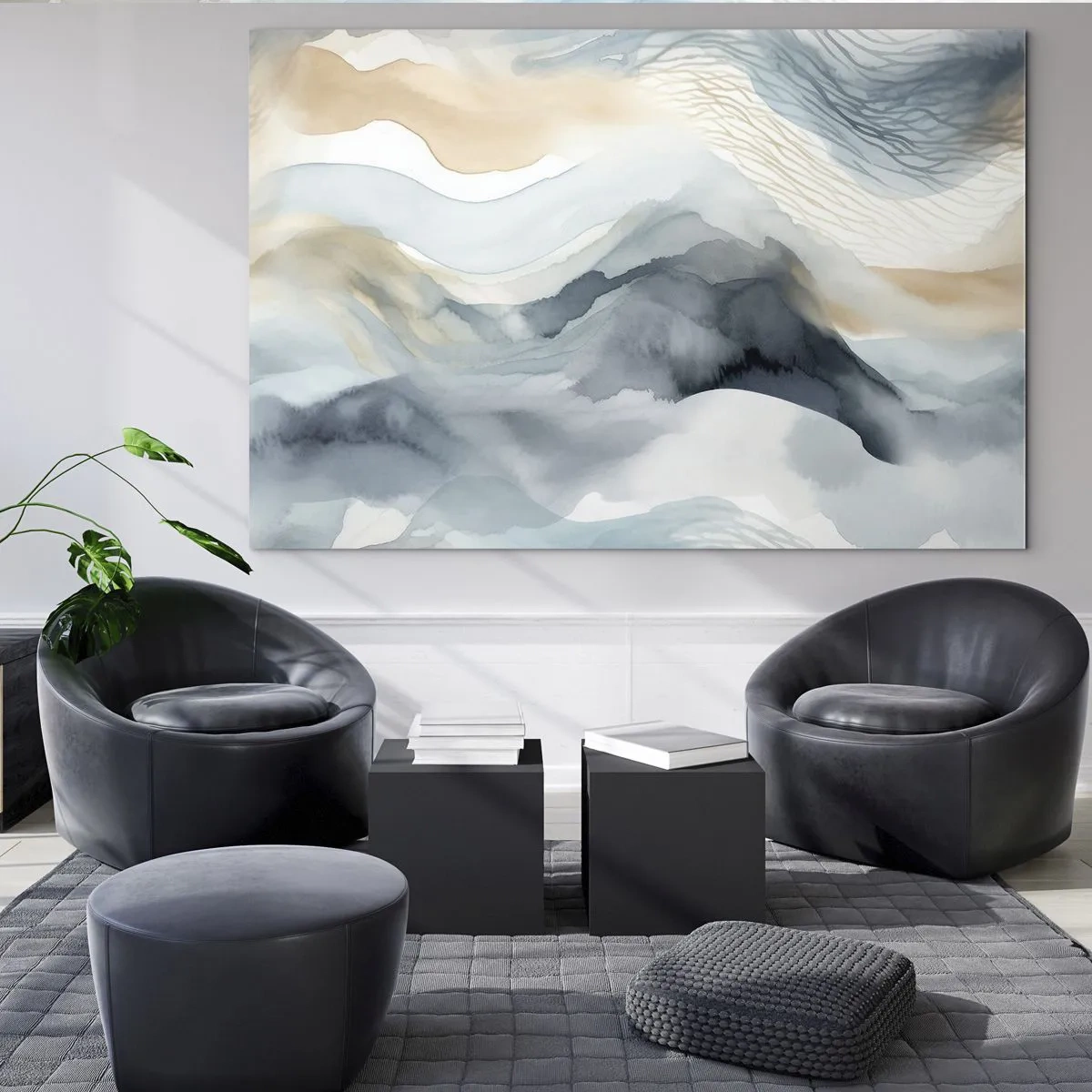 Quadro em vidro - Ondas abstratas em tons de bege e azul - 70x50cm - Abstração nevada e nebulosa - Decoração de parede moderna para a sala de estar e quarto ARTTOR