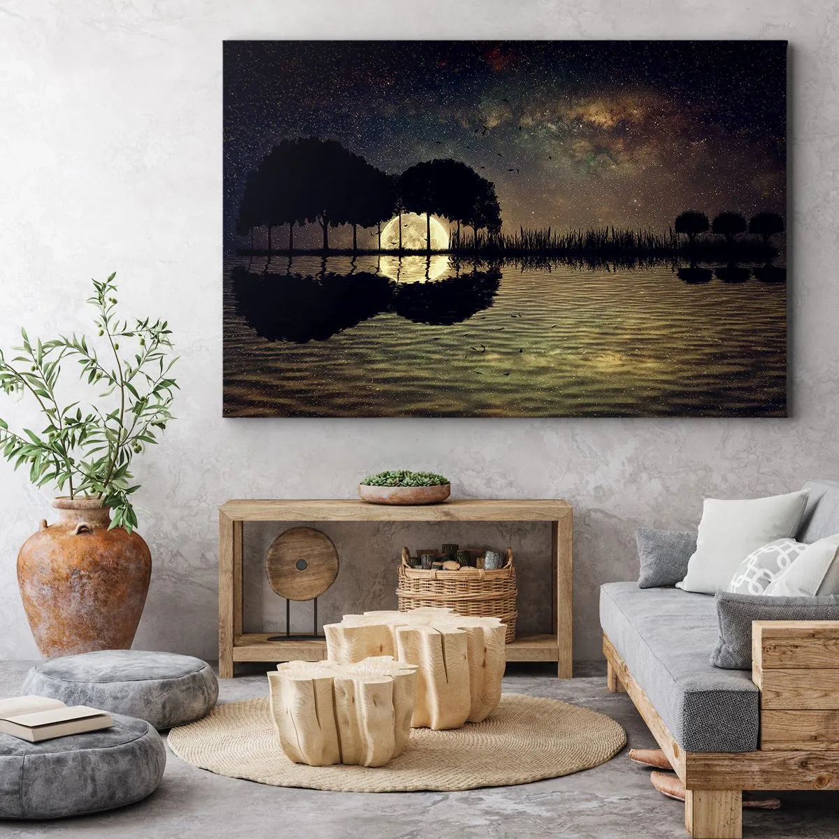 Quadro em tela - Uma noite mágica com árvores e a lua refletida na água - 70x50cm - Uma noite no Fim do Mundo - Decoração de parede moderna para a sala de estar e quarto ARTTOR