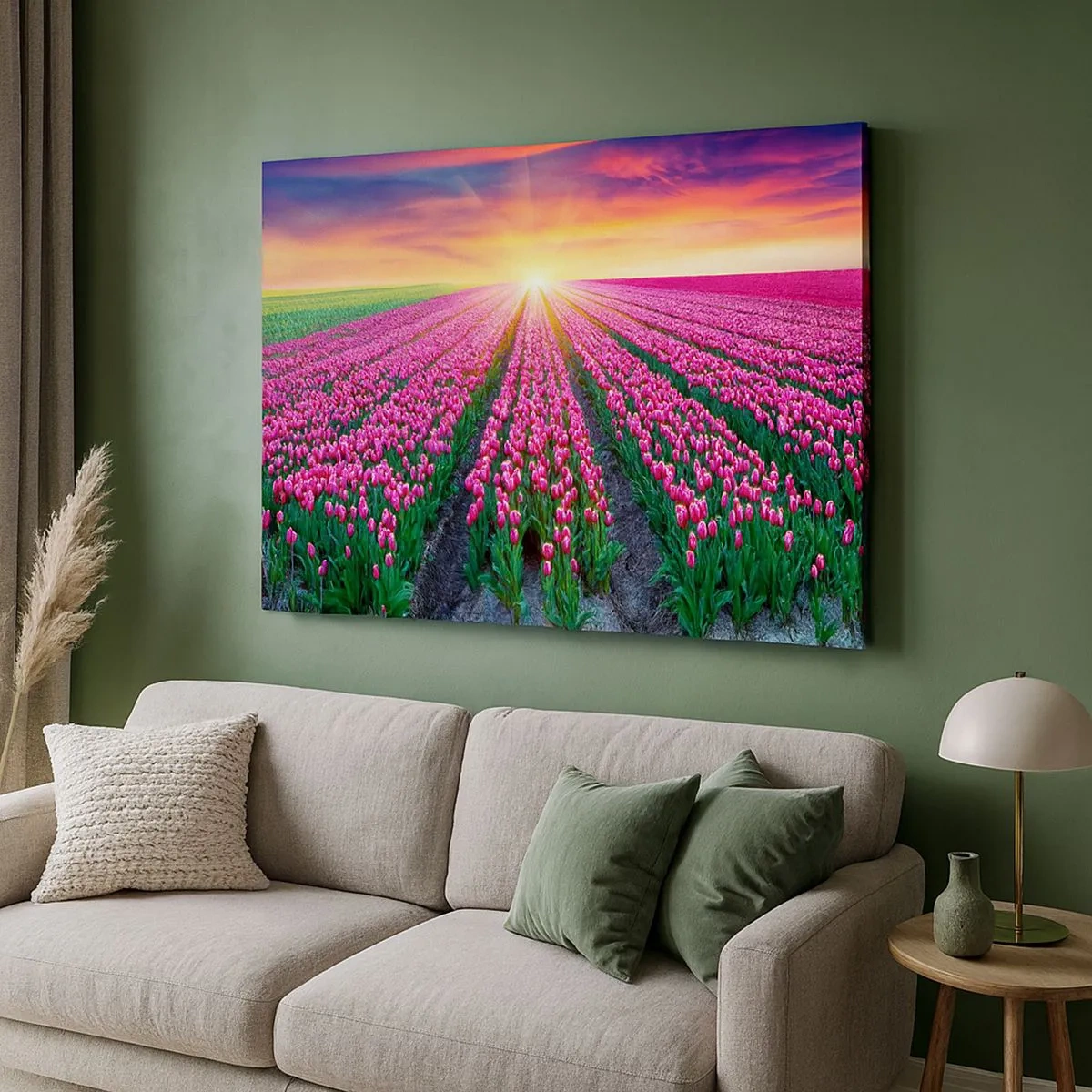 Quadro em tela - Um campo de tulipas ao pôr do sol - 70x50cm - Quinta da Beleza - Decoração de parede moderna para a sala de estar e quarto ARTTOR