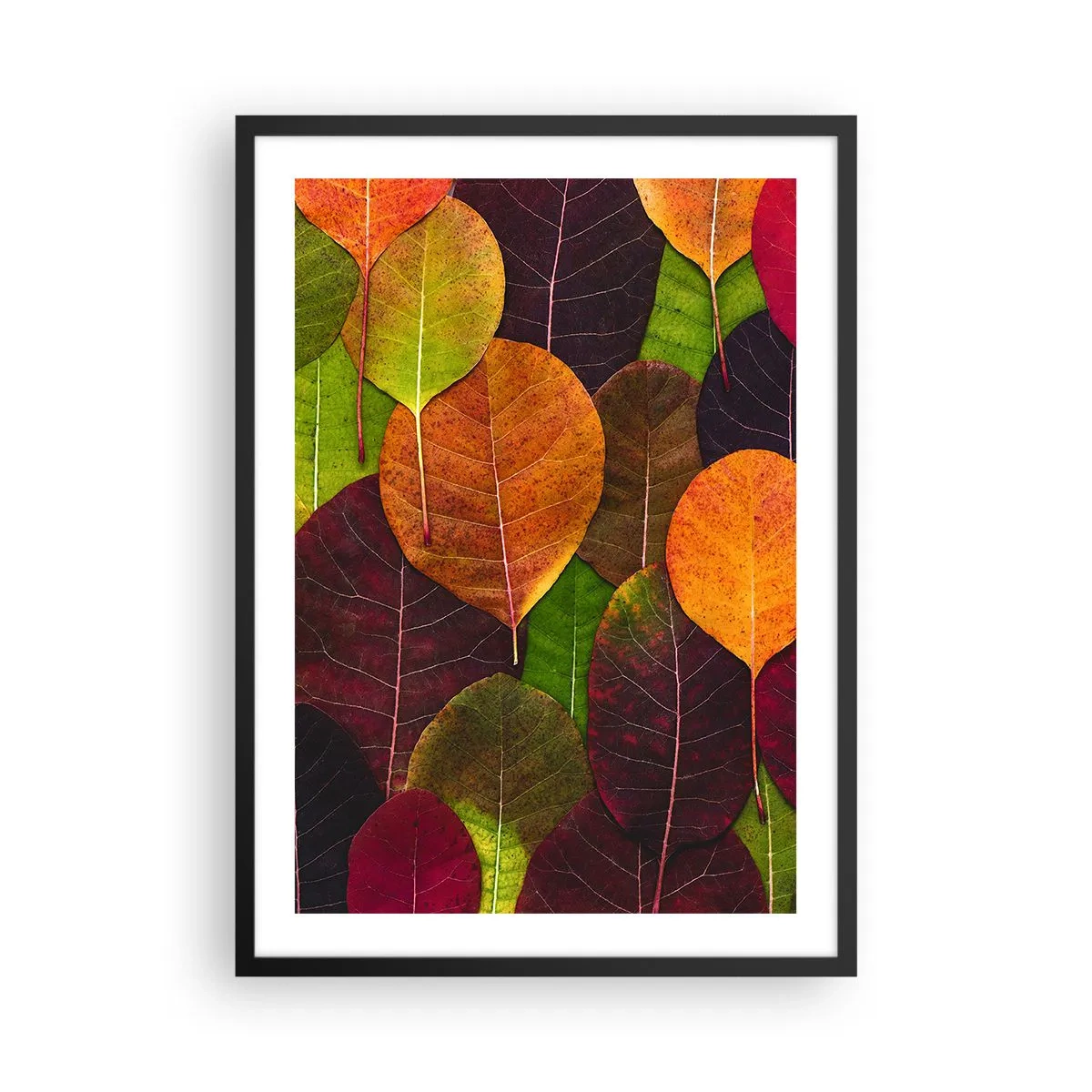 Pôster com moldura preta - Folhas coloridas em tons de verde, laranja e vermelho dispostas em um padrão de mosaico - 50x70cm - Mosaico de outono - Decoração de parede moderna para a sala de estar e quarto ARTTOR