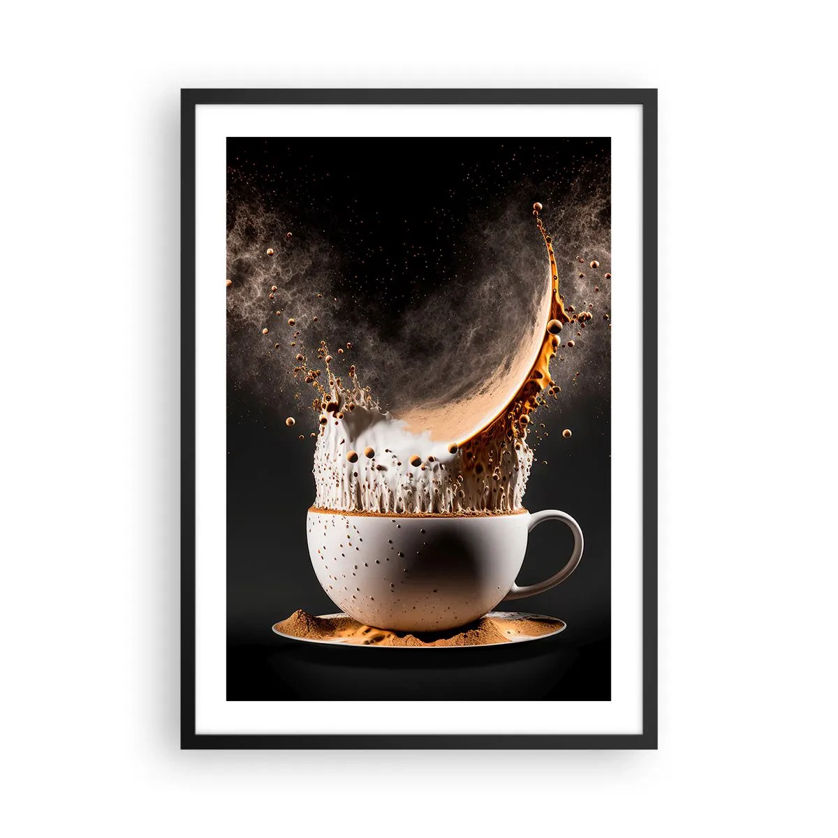 Pôster com moldura preta - Uma explosão dinâmica de café em uma xícara - 50x70cm - Uma explosão de sabor - Decoração de parede moderna para a sala de estar e quarto ARTTOR