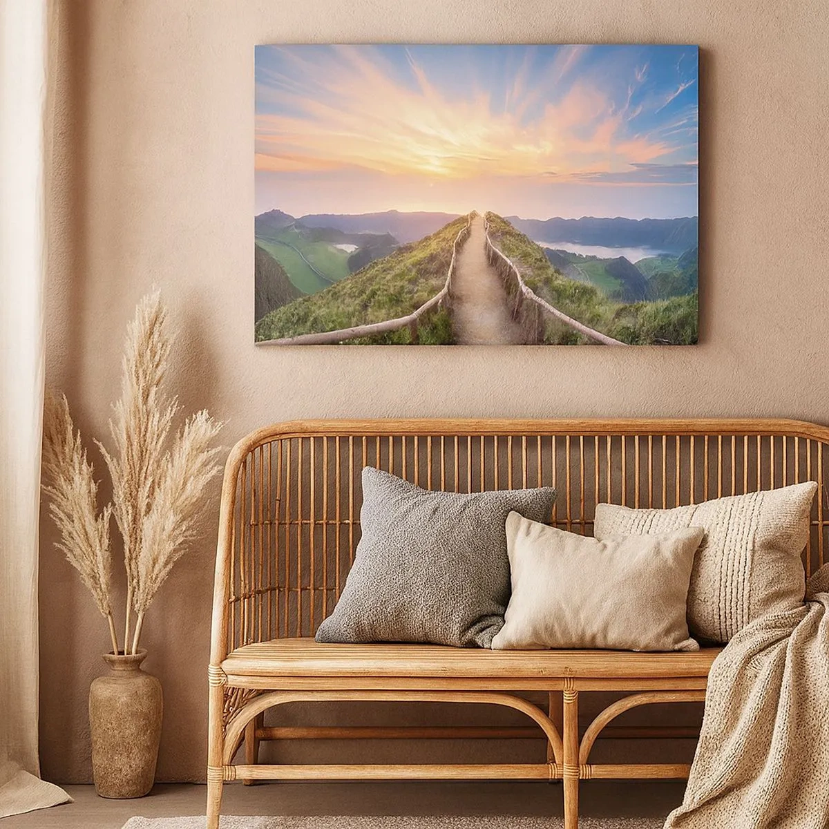 Quadro em tela - Um caminho pitoresco em uma colina com vista para o pôr do sol - 70x50cm - Perto do céu - Decoração de parede moderna para a sala de estar e quarto ARTTOR