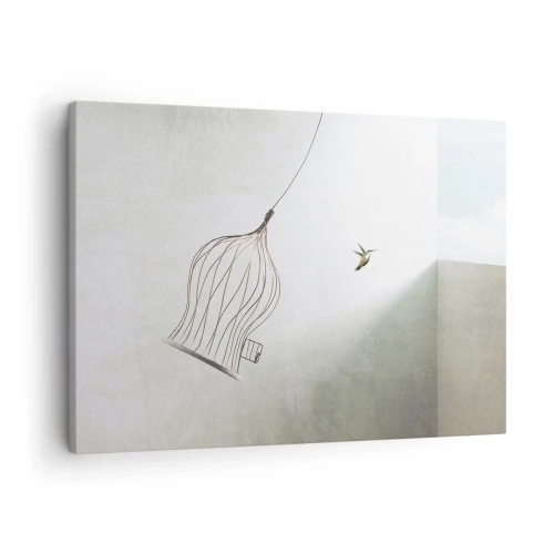 Quadro em tela - Um pássaro libertado de uma gaiola contra o pano de fundo de um céu brilhante - 70x50cm - Enfim a liberdade - Decoração de parede moderna para a sala de estar e quarto ARTTOR