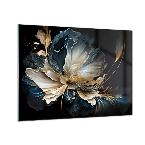Quadro em vidro - Uma flor extravagante em tons de dourado, azul marinho e bege sobre preto - 70x50cm - Flor de samambaia de conto de fadas - Decoração de parede moderna para a sala de estar e quarto ARTTOR