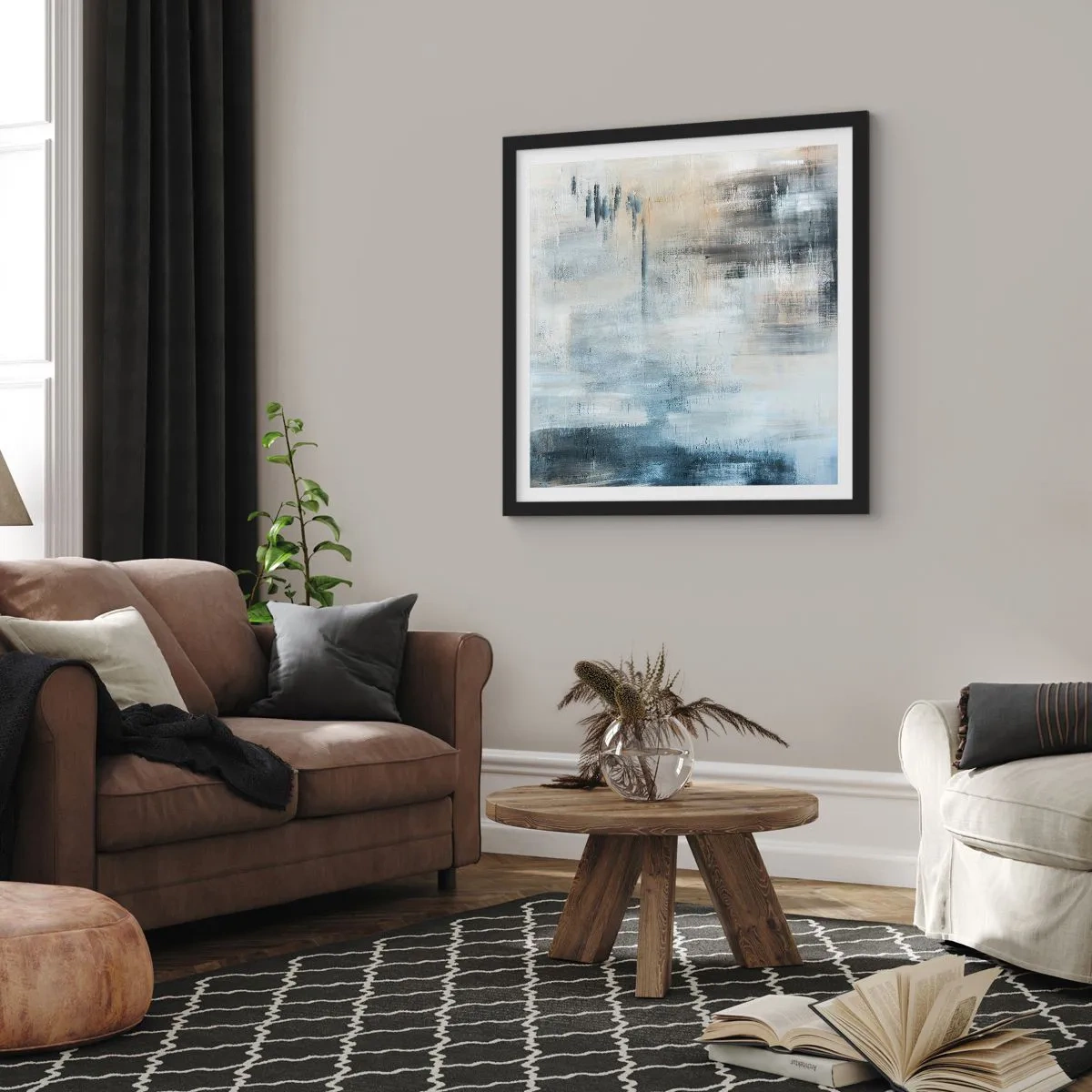 Pôster com moldura preta - Atrás da cortina azul - 60x60 cm