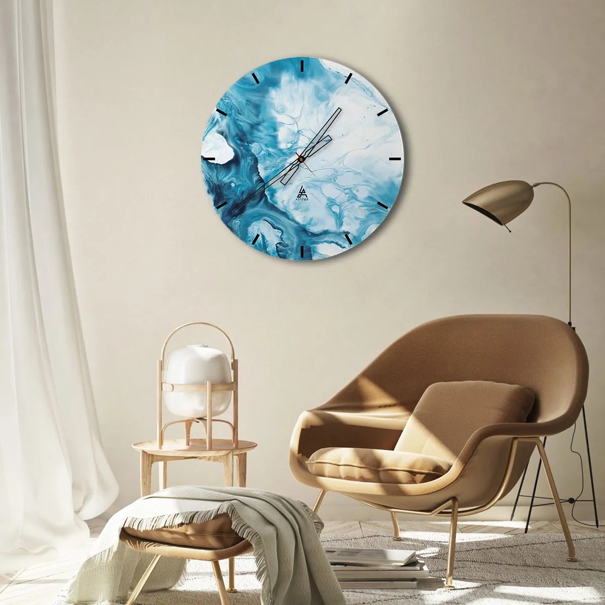 Relógio de parede - Relógio em vidro - Ondas azuis abstratas em tons de branco e turquesa - 30x30cm - Concerto Azul - Decoração de parede moderna para a sala de estar, cozinha e quarto ARTTOR