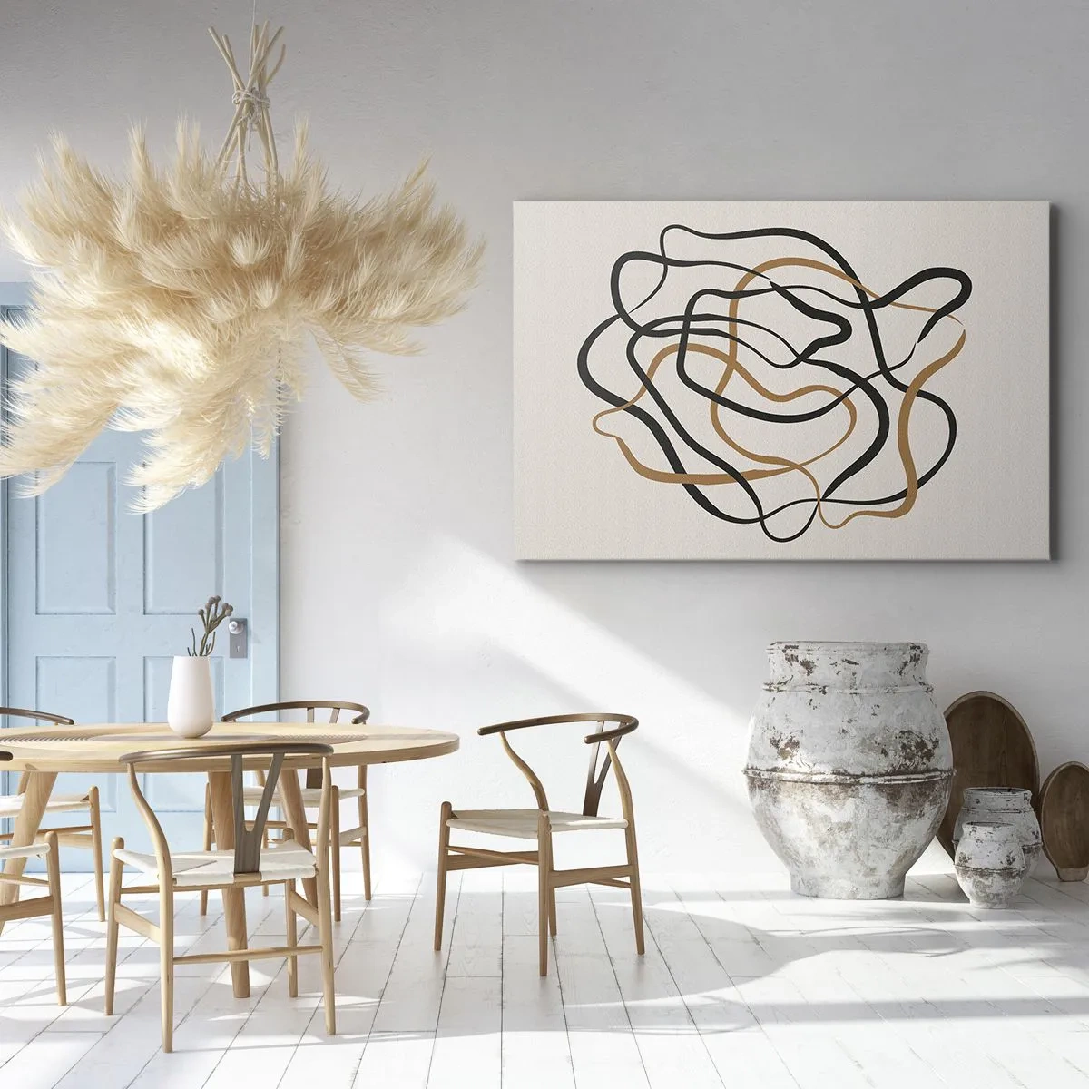 Quadro em tela - Linhas emaranhadas em preto e dourado sobre fundo claro - 70x50cm - Tudo deu errado - Decoração de parede moderna para a sala de estar e quarto ARTTOR