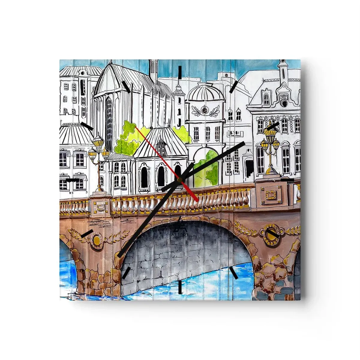 Relógio de parede - Relógio em vidro - Cidade pintada - 30x30 cm