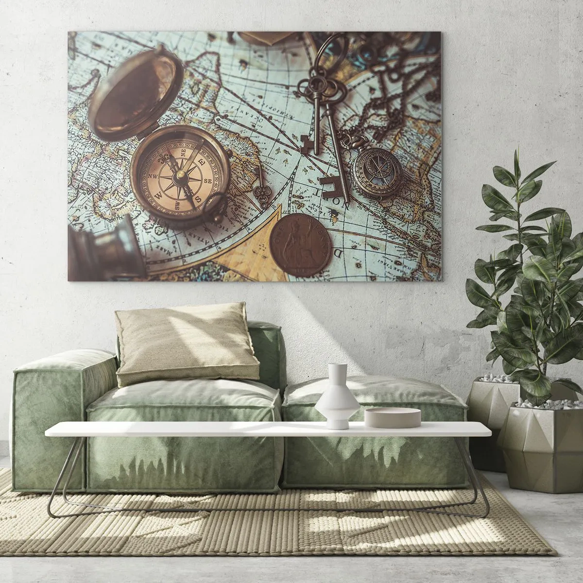 Quadro em vidro - Uma bússola antiga contra um fundo de mapa e chaves antigas. - 70x50cm - Para o aventureiro - Decoração de parede moderna para a sala de estar e quarto ARTTOR