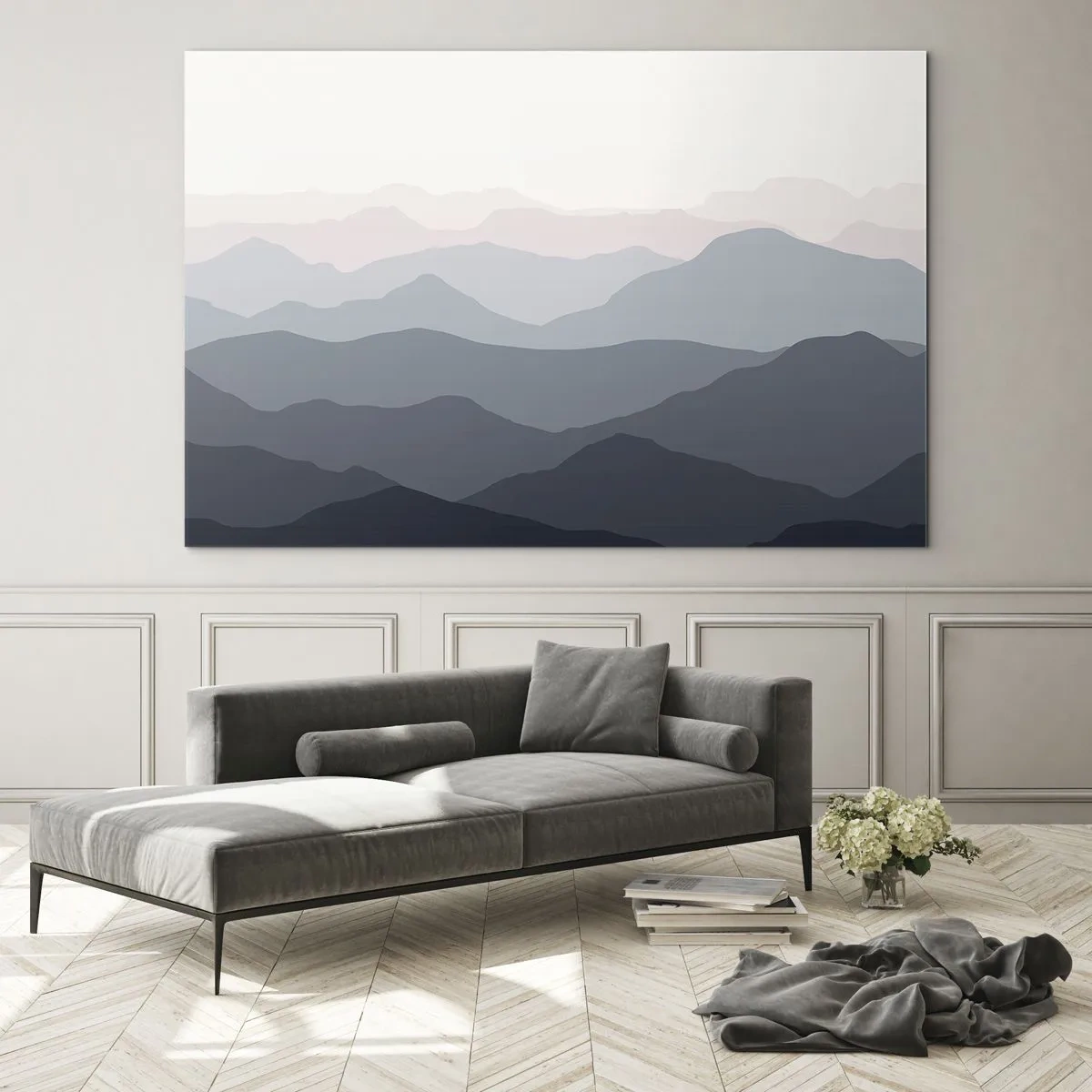 Quadro em vidro - Camadas sutis de montanhas em tons pastéis - 70x50cm - Ondas de montanha - Decoração de parede moderna para a sala de estar e quarto ARTTOR