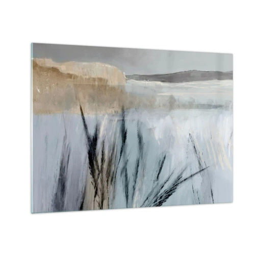 Quadro em vidro - Paisagem de inverno com gramíneas no fundo de campos cobertos de neve - 70x50cm - Campos de inverno - Decoração de parede moderna para a sala de estar e quarto ARTTOR