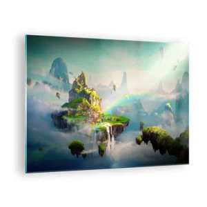 Quadro em vidro - Ilhas voadoras nas nuvens com arco-íris e cachoeiras - 70x50cm - Meio do céu - as ilhas felizes - Decoração de parede moderna para a sala de estar e quarto ARTTOR
