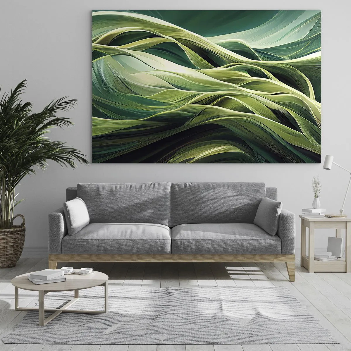 Quadro em vidro - Ondas verdes abstratas com formas orgânicas - 70x50cm - Jogo verde abstrato - Decoração de parede moderna para a sala de estar e quarto ARTTOR
