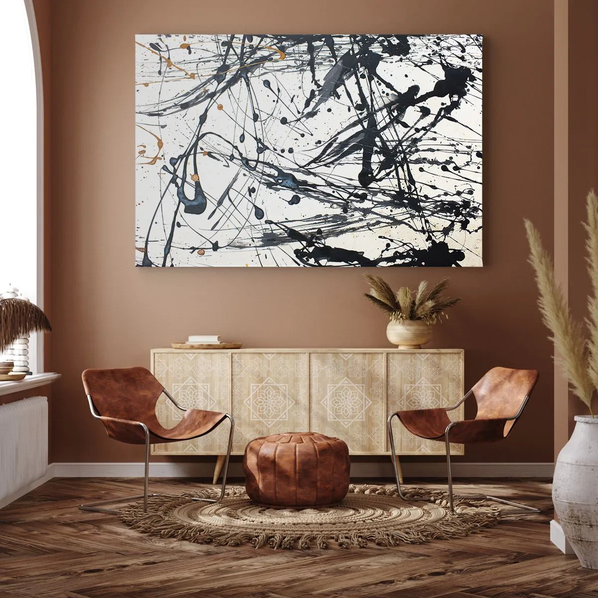 Quadro em tela - Padrão de pintura abstrata com linhas e manchas dinâmicas - 70x50cm - Com ou sem sentido? - Decoração de parede moderna para a sala de estar e quarto ARTTOR