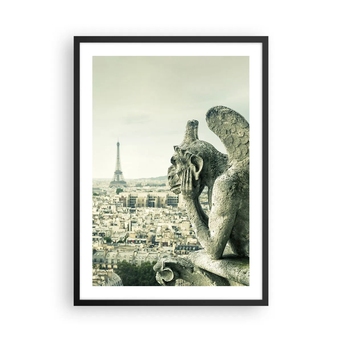 Pôster com moldura preta - Uma gárgula com vista para a Torre Eiffel e o horizonte de Paris - 50x70cm - Conversas parisienses - Decoração de parede moderna para a sala de estar e quarto ARTTOR
