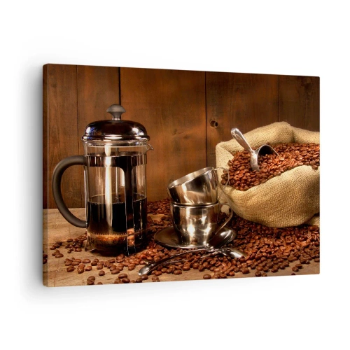 Quadro em tela - Prensa francesa, xícaras e um saco de café sobre um fundo de madeira - 70x50cm - O charme do café - aroma e sabor - Decoração de parede moderna para a sala de estar e quarto ARTTOR