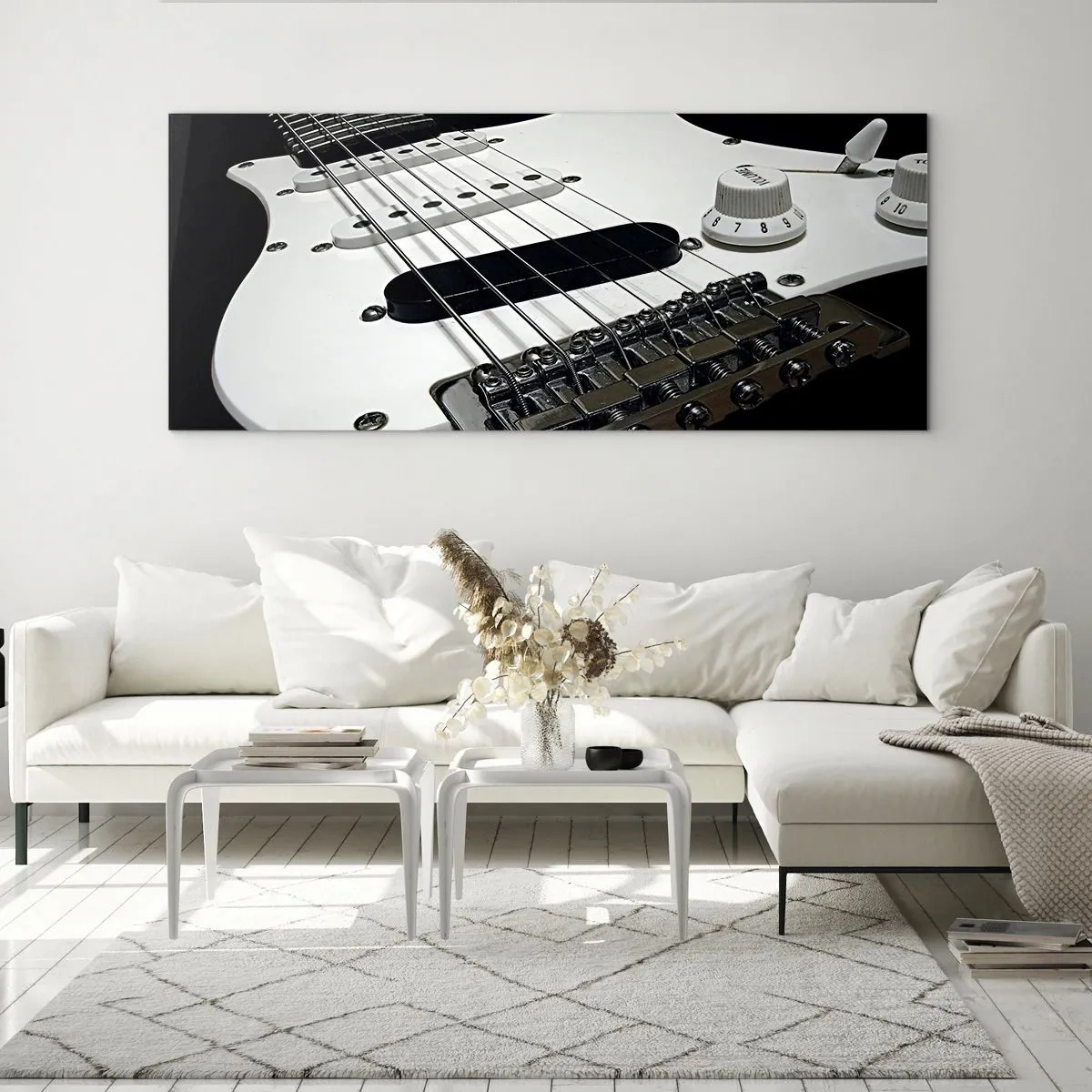 Quadro em vidro - Som oculto no branco - 90x30 cm