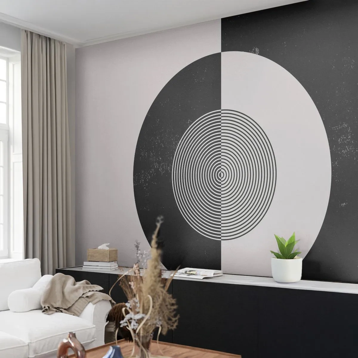 Papel de Parede Standard Eco - Abstração geométrica em preto e branco com círculos - 100x70cm - Harmonia a preto e branco - Decoração de parede moderna para a sala de estar e quarto ARTTOR