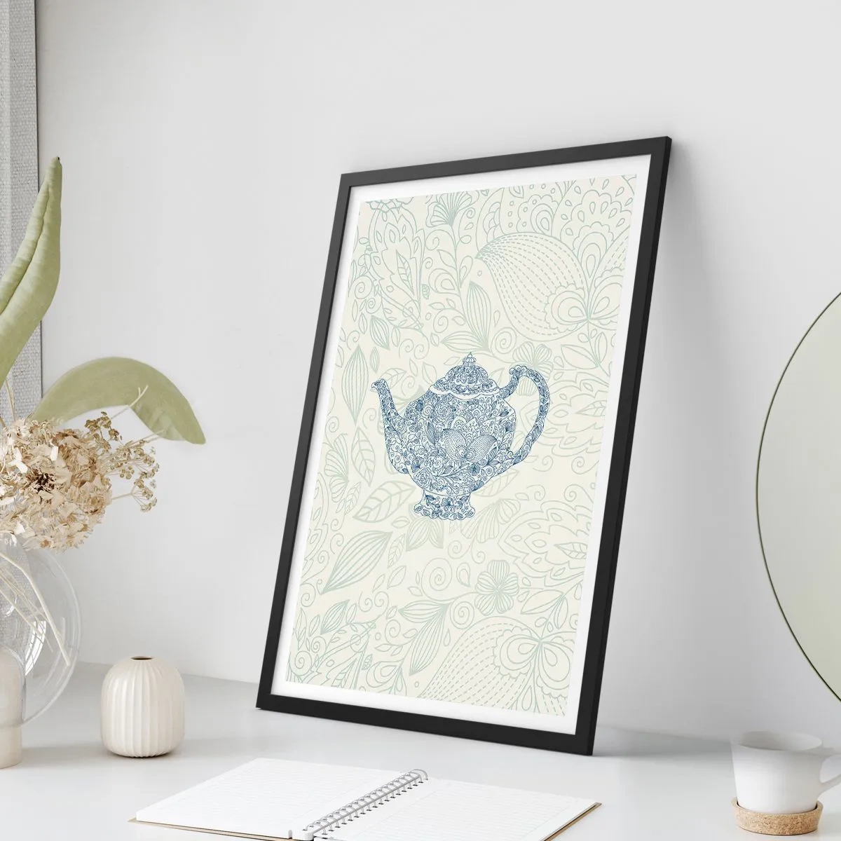 Pôster com moldura preta - Uma ilustração decorativa de um bule de chá com um padrão sutil em um fundo claro. - 50x70cm - Chás de charme - Decoração de parede moderna para a sala de estar e quarto ARTTOR