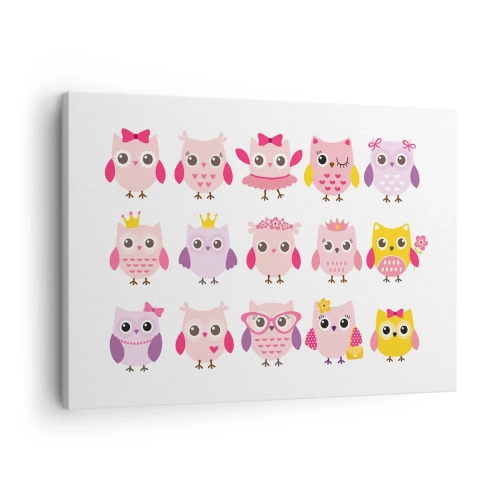Quadro em tela - Corujas fofas em cores pastel - 70x50cm - Um mais doce que o outro - Decoração de parede moderna para a sala de estar e quarto ARTTOR