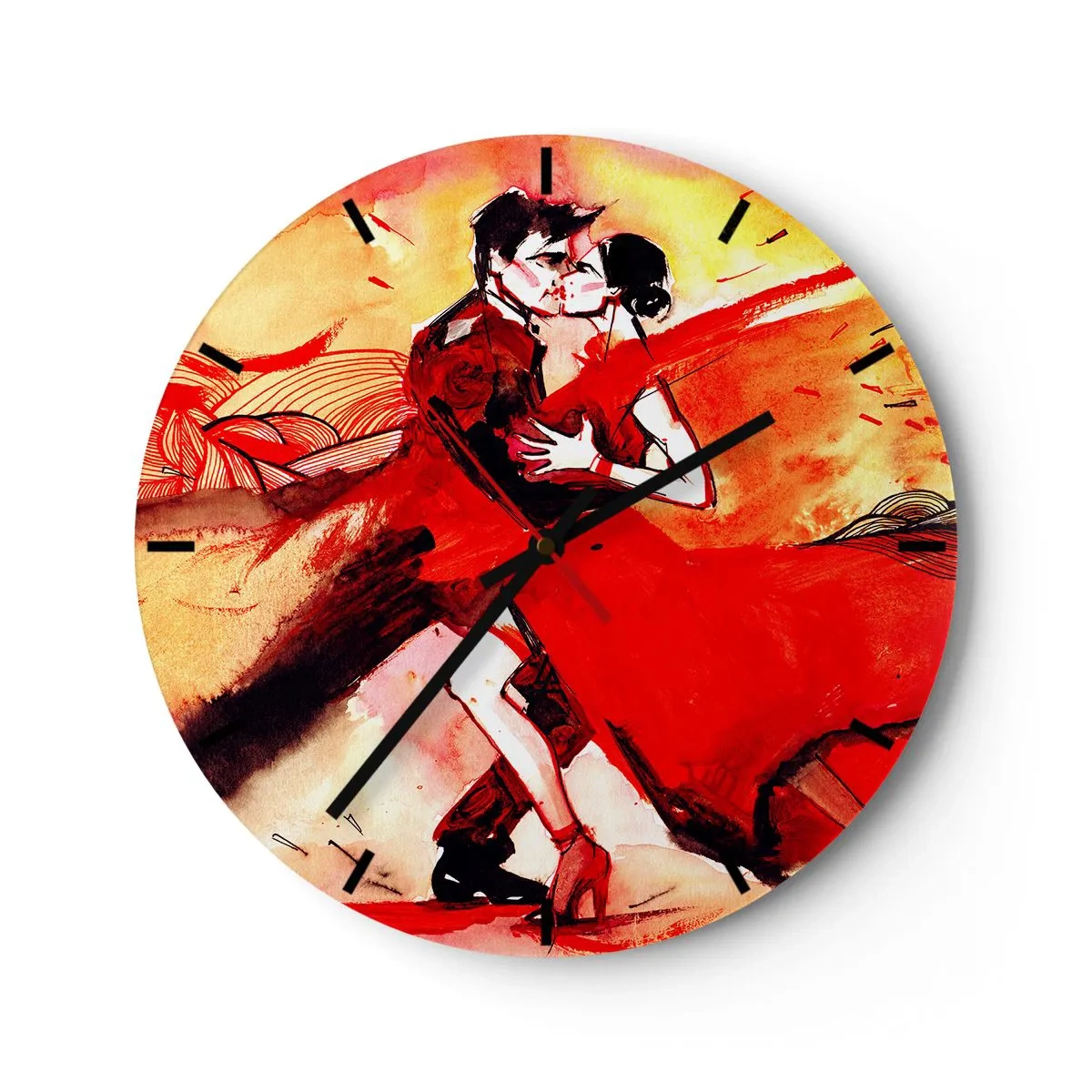 Relógio de parede - Relógio em vidro - Um casal dançando tango em tons de vermelho e dourado - 30x30cm - O ritmo roxo da paixão - Decoração de parede moderna para a sala de estar, cozinha e quarto ARTTOR