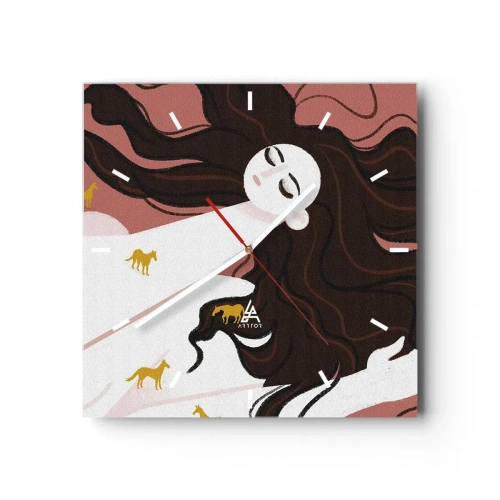 Relógio de parede - Relógio em vidro - Sonho com um cavalo dourado - 40x40 cm