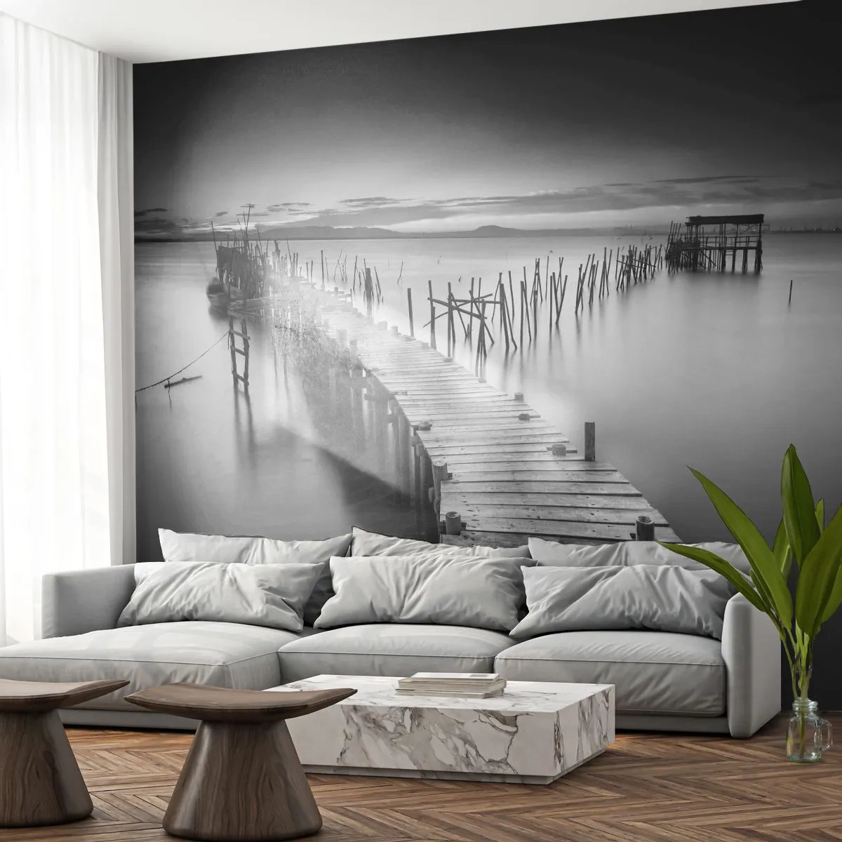 Papel de Parede Premium Canvas - A tranquilidade de uma costa esquecida - Paisagem, Lago, Ponte de madeira - 450x315 cm