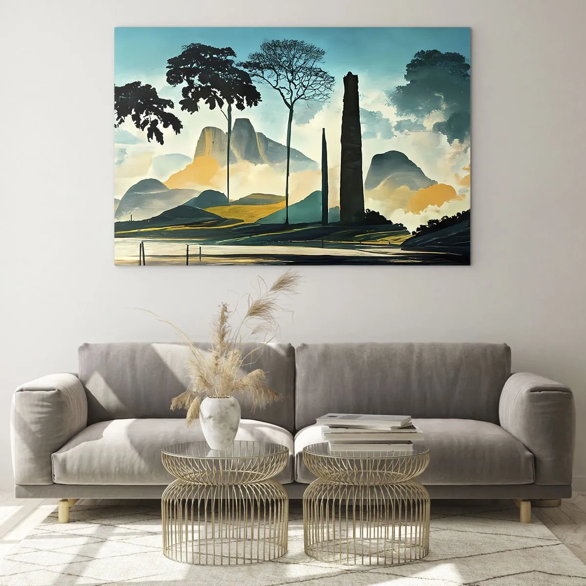 Quadro em vidro - Uma paisagem de fantasia com montanhas, árvores e uma rocha imponente - 70x50cm - Cada vez mais alto - Decoração de parede moderna para a sala de estar e quarto ARTTOR