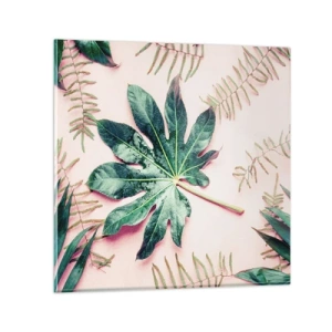 Quadro em vidro - Estudo do verde em um fundo rosa - 70x70 cm