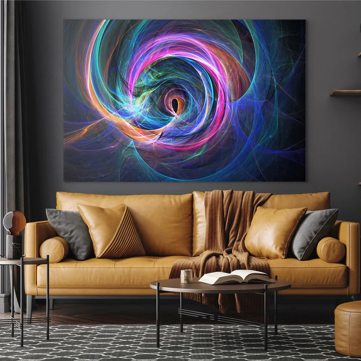 Quadro em vidro - Uma espiral abstrata em cores intensas sobre um fundo escuro. - 70x50cm - Para onde quer me levar? - Decoração de parede moderna para a sala de estar e quarto ARTTOR