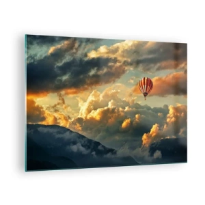 Quadro em vidro - Um balão flutuando acima das montanhas entre as nuvens ao pôr do sol - 70x50cm - Eu voo porque sou livre - Decoração de parede moderna para a sala de estar e quarto ARTTOR